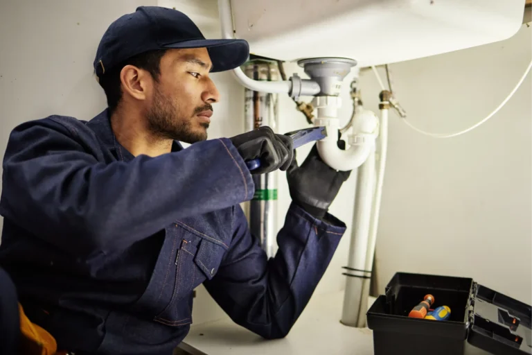 A plumber in blue overalls repairing kitchen sink pipes.